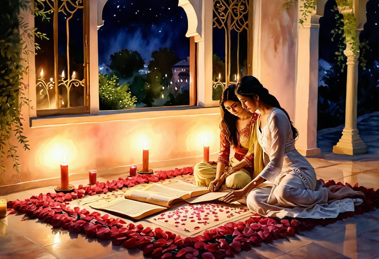 A romantic scene featuring an intimate moment between a couple, surrounded by delicate Urdu poetry scrolls and soft candlelight. The backdrop should include lush greenery and traditional motifs to convey cultural warmth, with vibrant rose petals scattered around. Include shadows and light play to evoke a feeling of passion and connection. watercolor painting. vibrant colors. soft glow.