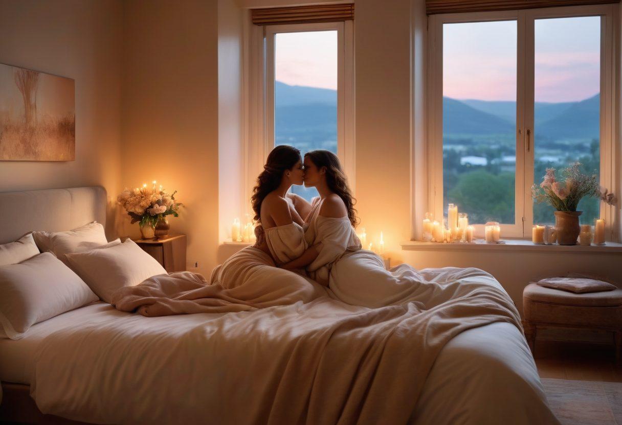 A serene bedroom scene with soft ambient lighting, showcasing two figures embracing on a plush bed adorned with luxurious fabrics, surrounded by candles casting a warm glow. A hint of nature is visible through an open window, with gentle flowers framing the view. The mood is intimate and inviting, reflecting deep personal connections and sensuality. The artwork should evoke warmth and tenderness. super-realistic. soft color palette. warm lighting.