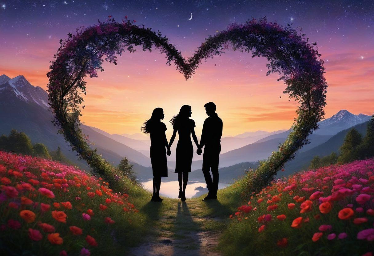 A heart-shaped compass guiding two silhouettes on a romantic journey through a lush, vibrant landscape filled with blooming flowers and shimmering stars in the sky. Illustrate diverse couples sharing joyful moments, such as laughter and tender embraces, symbolizing love and connection. The atmosphere should evoke warmth and positivity, emphasizing the beauty of romance. vibrant colors. super-realistic. romantic style.